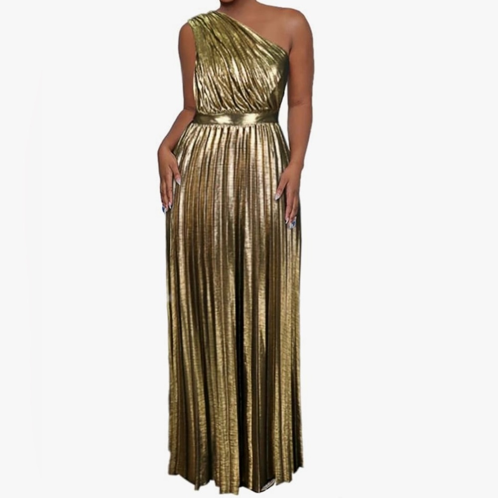 Metallic One Shoulder Sleeveless Elegant Pleated Long Dress